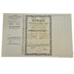 Certificat nominatif d'obligation 10000 francs cempa 1953