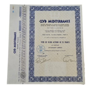 Titre de 10000 actions de 25 francs Club Mediterranee 1957