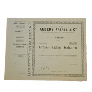 Certificat d'actions nominatives 15000 francs Aubery freres & cie