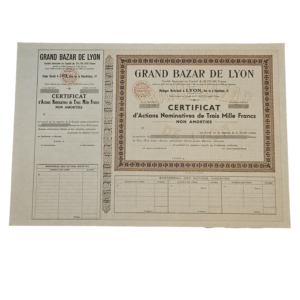 Certificat d'actions 3000 francs grand bazar de lyon