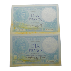 Recto 2 billets de 10 francs minerve 1941 numéros consécutifs